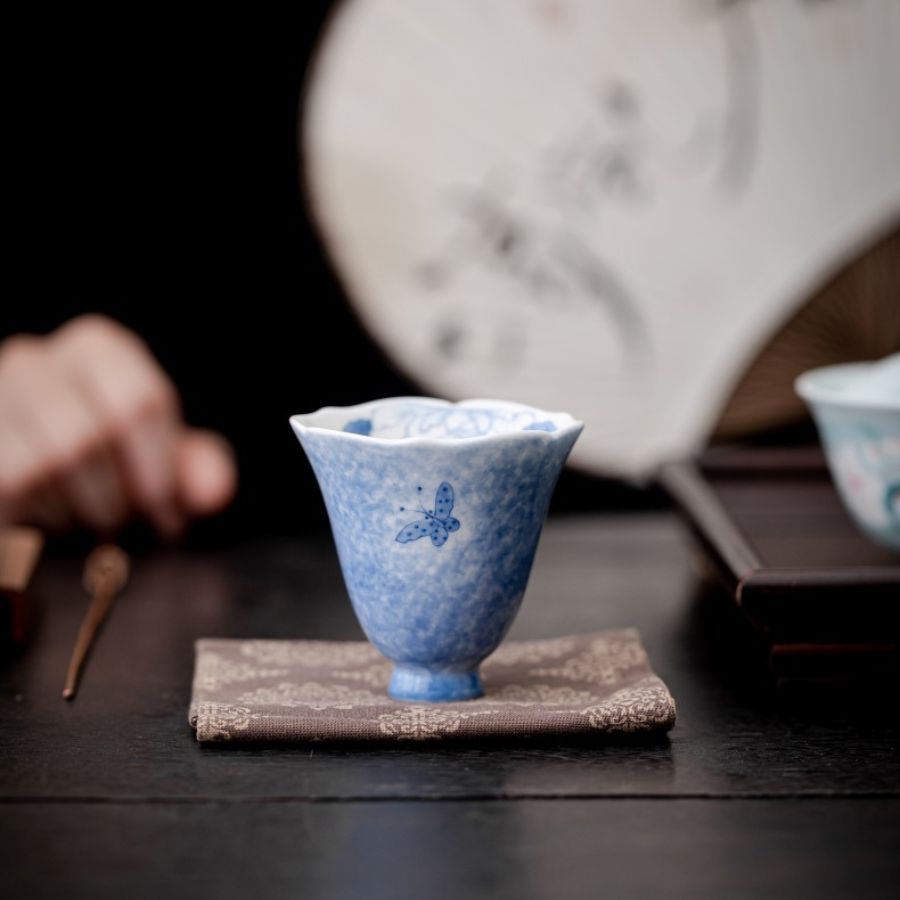 Handmade Butterfly Blue & White Porcelain Tea Cup | Joy Flow My Store