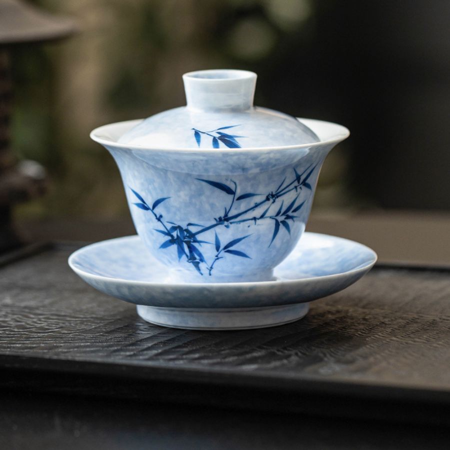 Blue and White Porcelain Gaiwan with Chinese Bamboo Painting My Store