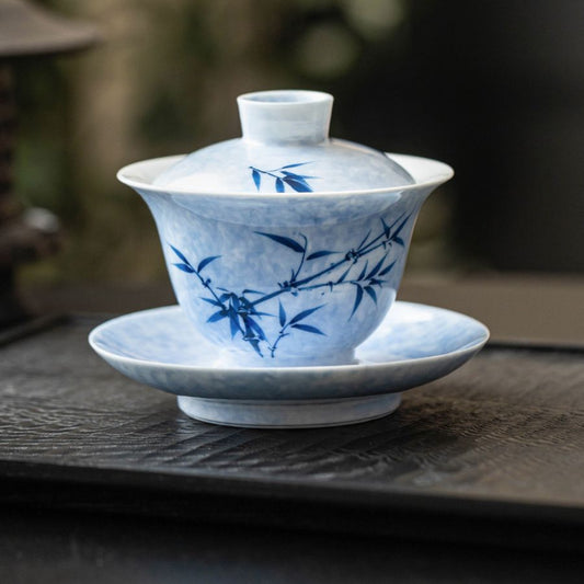 Blue and White Porcelain Gaiwan with Chinese Bamboo Painting My Store