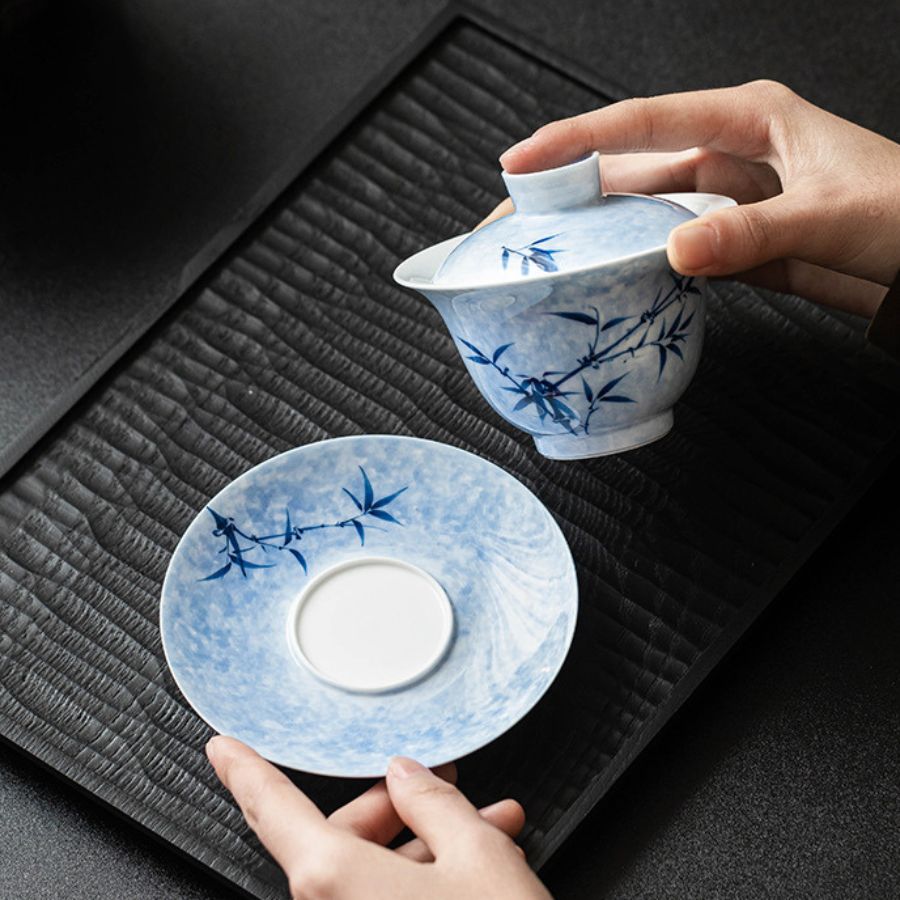 Blue and White Porcelain Gaiwan with Chinese Bamboo Painting My Store
