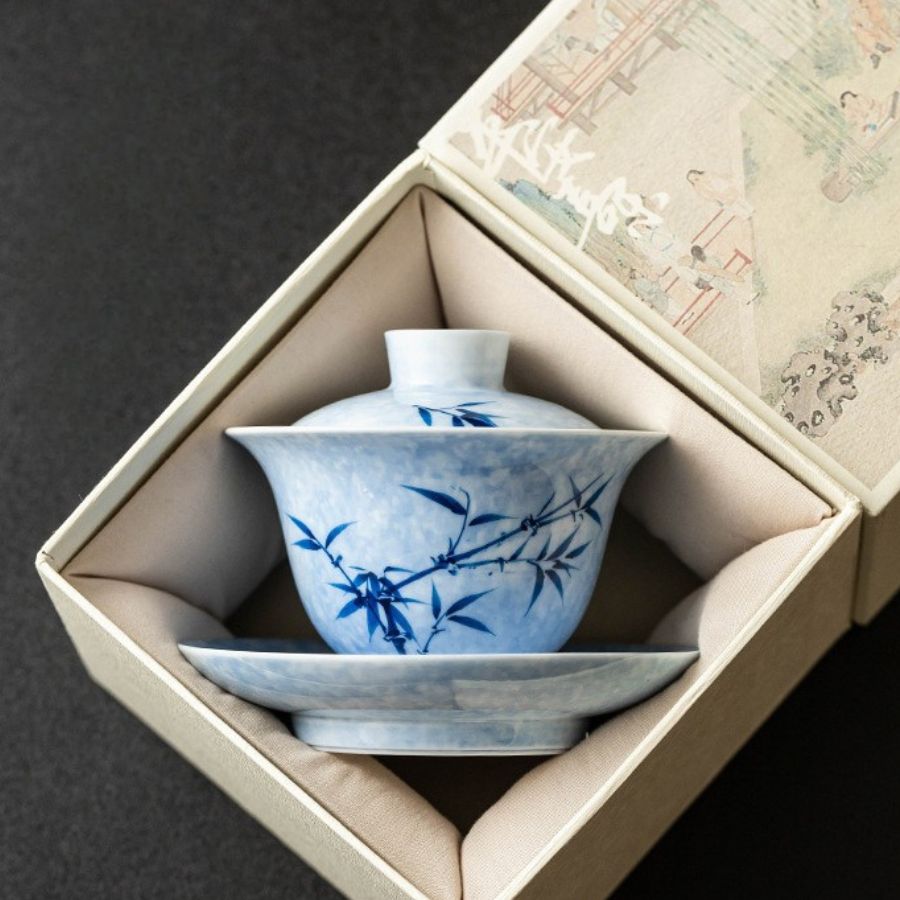 Blue and White Porcelain Gaiwan with Chinese Bamboo Painting My Store