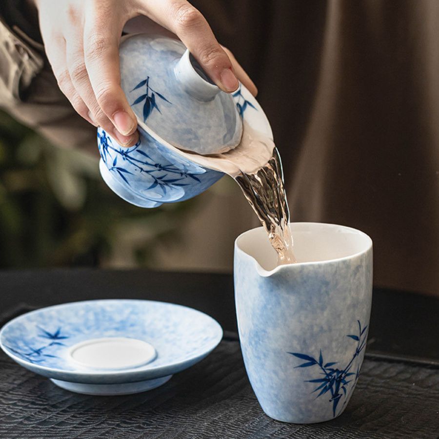 Blue and White Porcelain Gaiwan with Chinese Bamboo Painting My Store